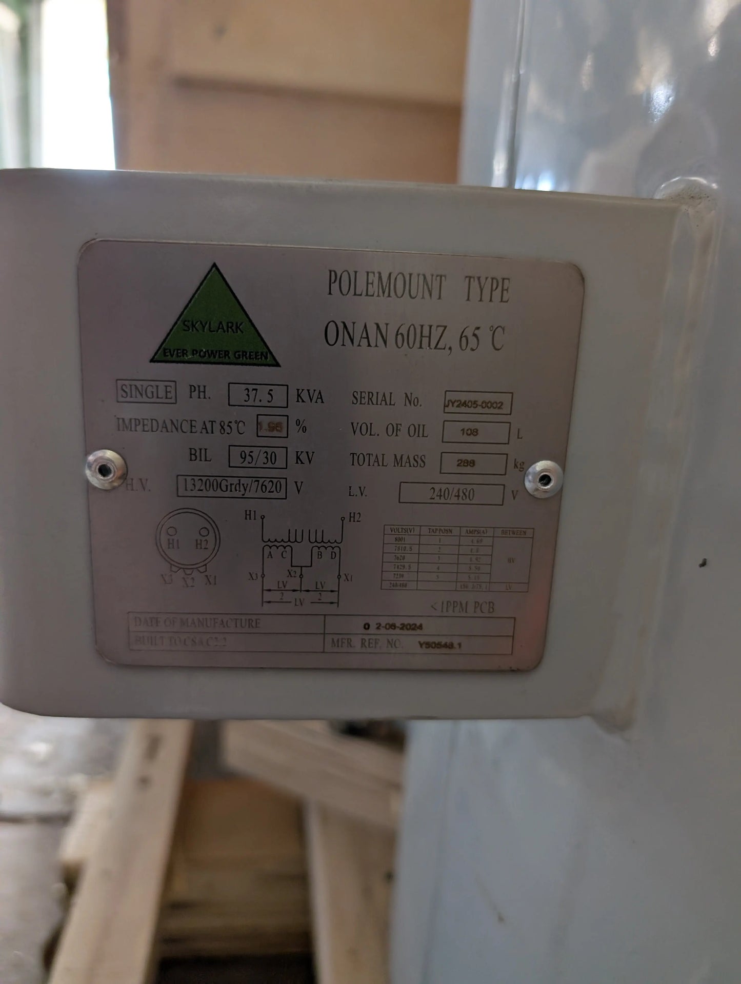 Transformador Monofásico de 37.5KVA, 13.2/7.6KV-240/480V, 5 taps - LHGREEN